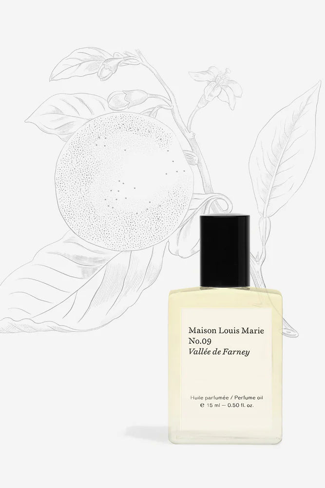 MAISON LOUIS MARIE Roll-On Perfume Oil Bottle in Studio with Sketched Flowers _ No. 9 Valley des Farney Citrus & Musk 0.5 fl oz Personal Perfume Oil 