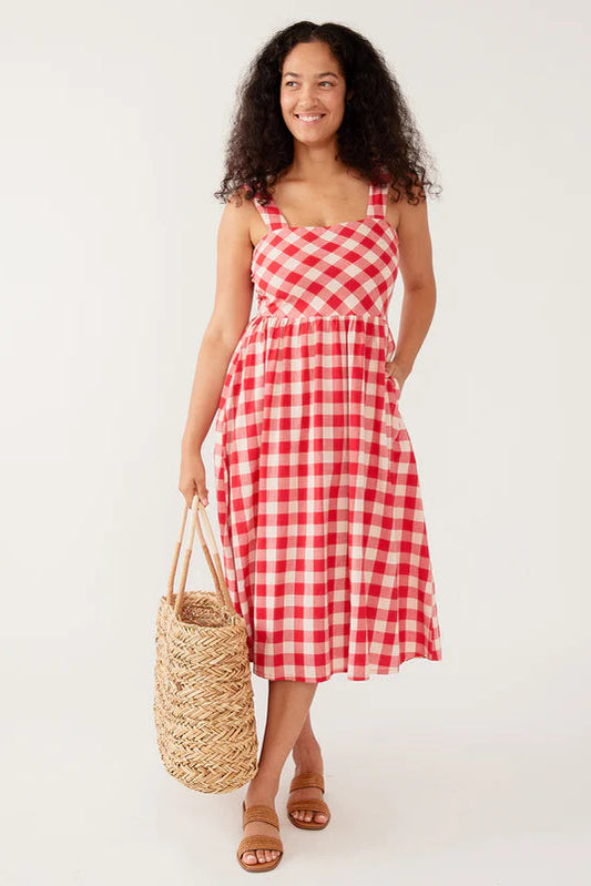 Nikita Wide Strap Midi Dress | Red Gingham