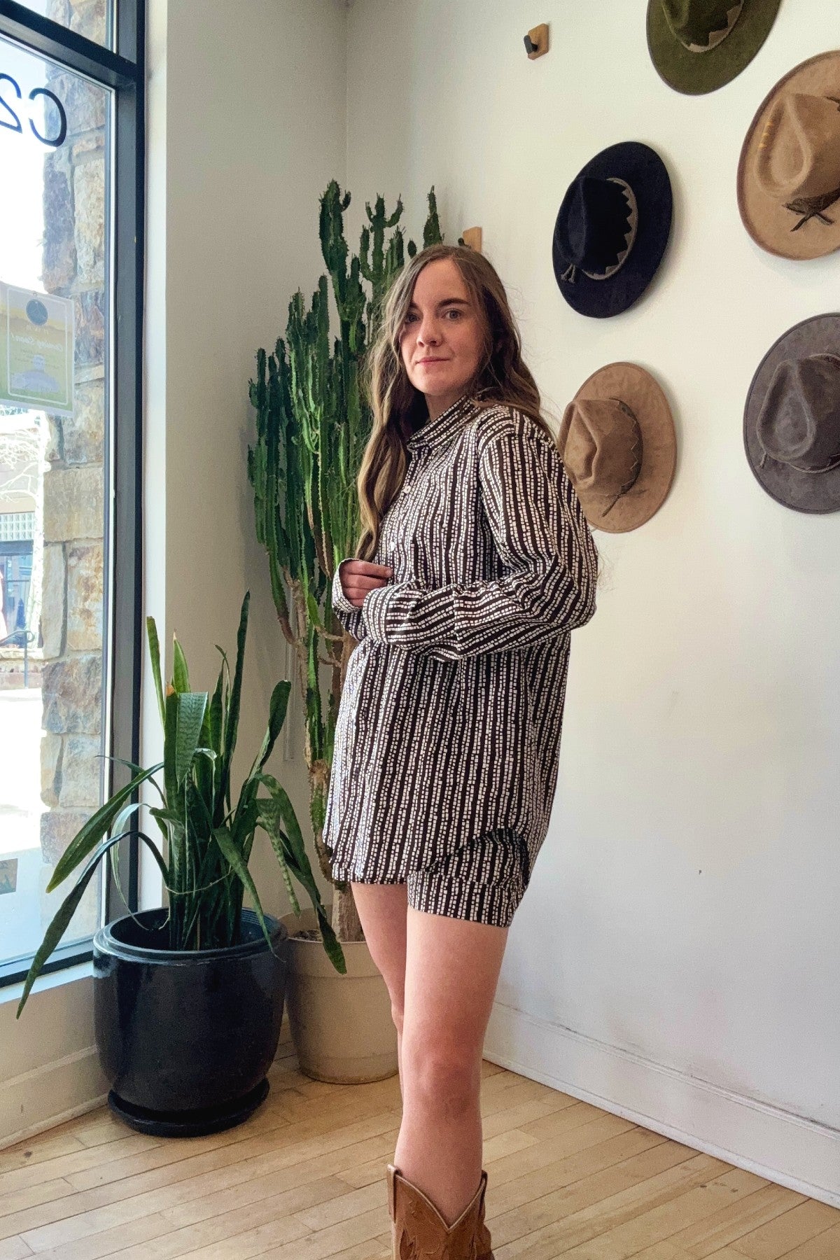 Button Front Poplin Top | Brown Squares