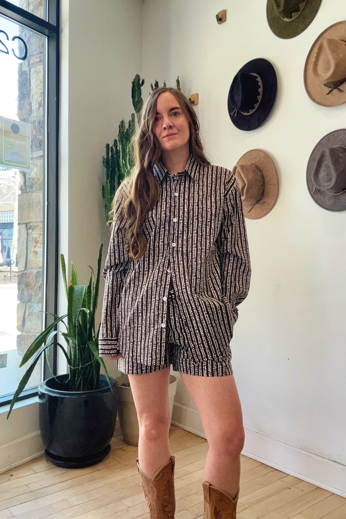Button Front Poplin Top | Brown Squares
