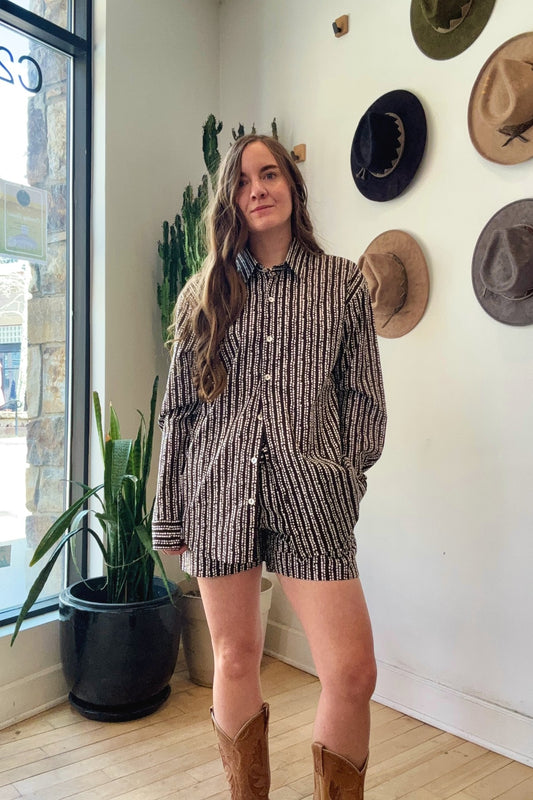Button Front Poplin Top | Brown Squares