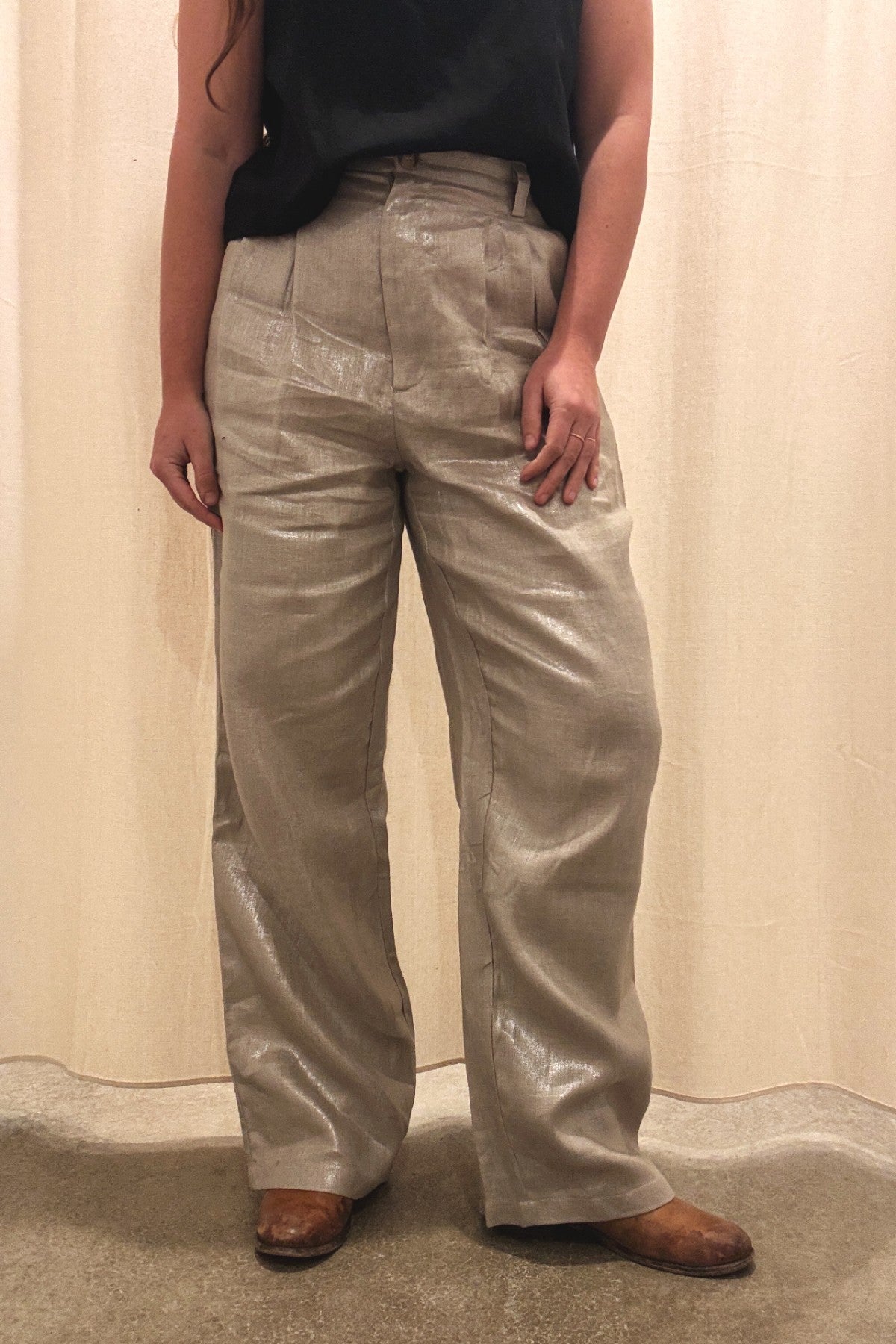 Pleated High Waist Trouser | Champagne Shimmer Twill