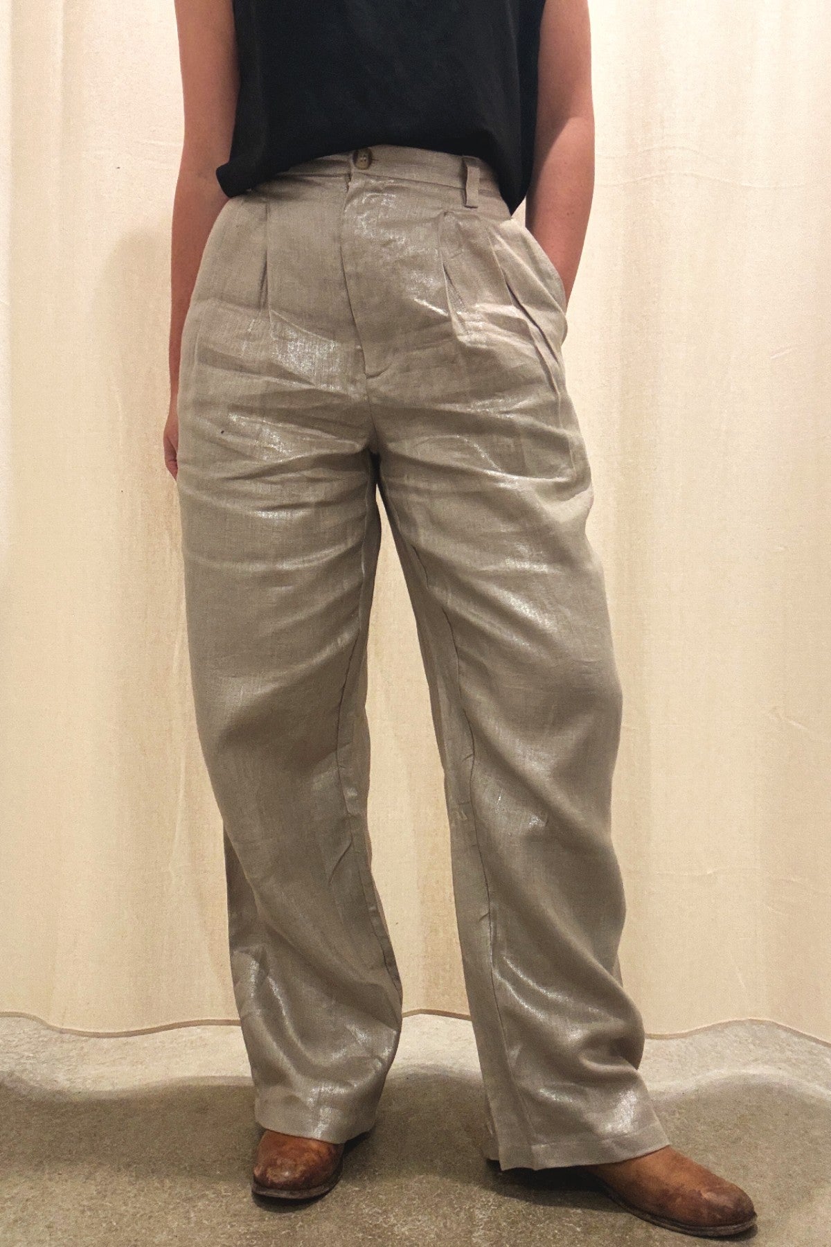 Pleated High Waist Trouser | Champagne Shimmer Twill