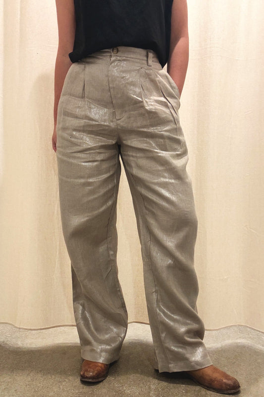 Pleated High Waist Trouser | Champagne Shimmer Twill