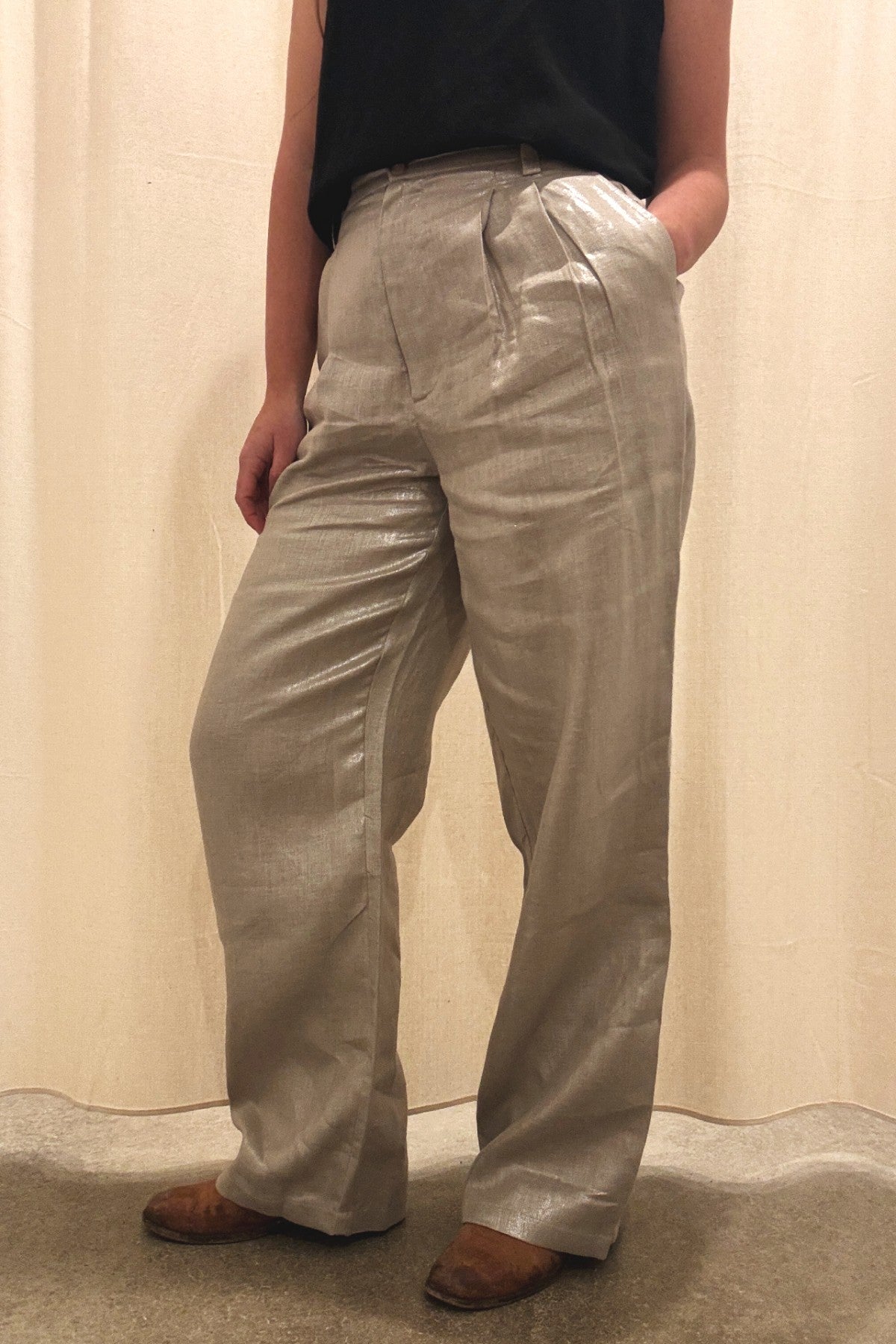 Pleated High Waist Trouser | Champagne Shimmer Twill