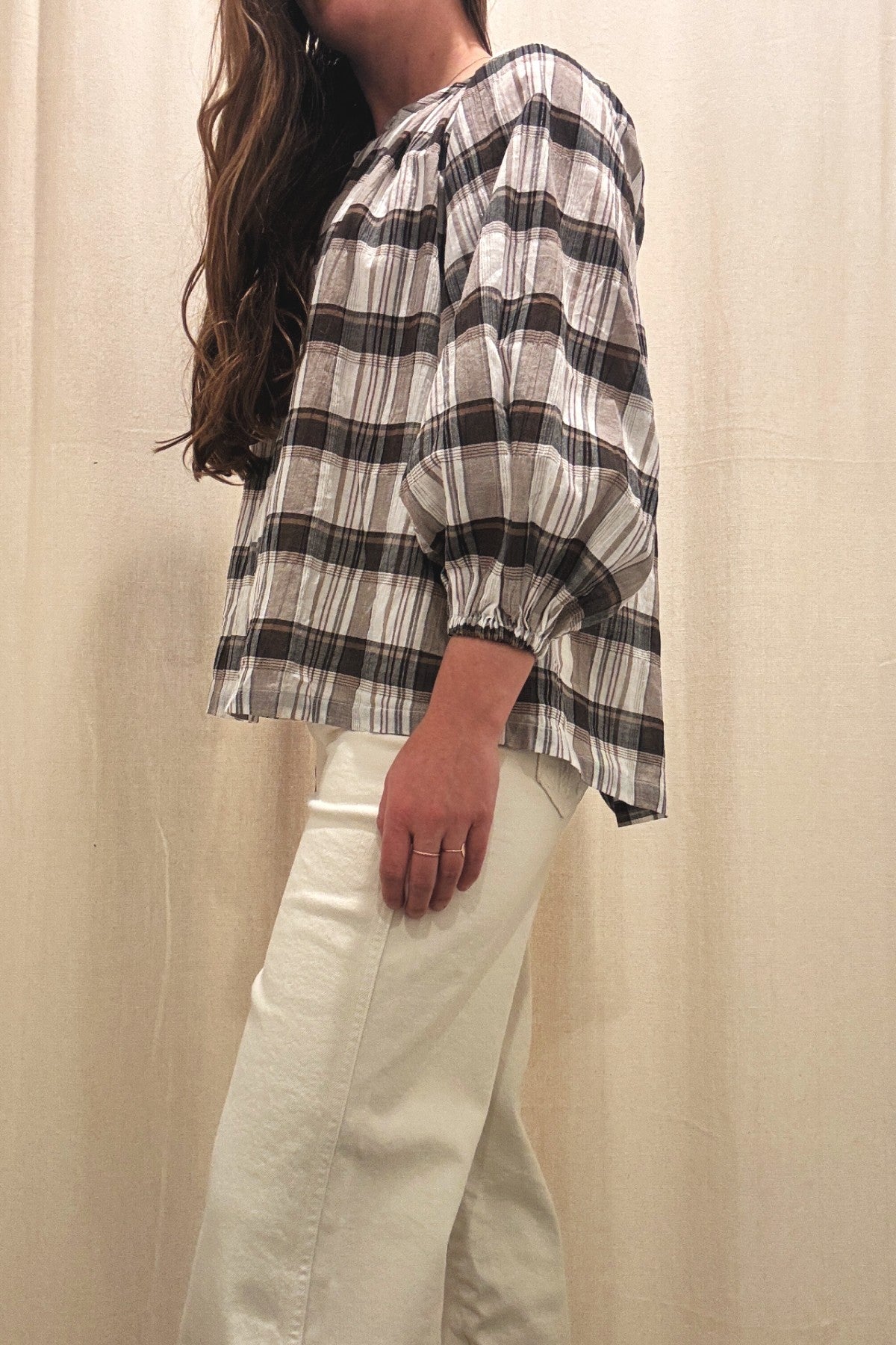 Windowpane Button Top | Black Gauze