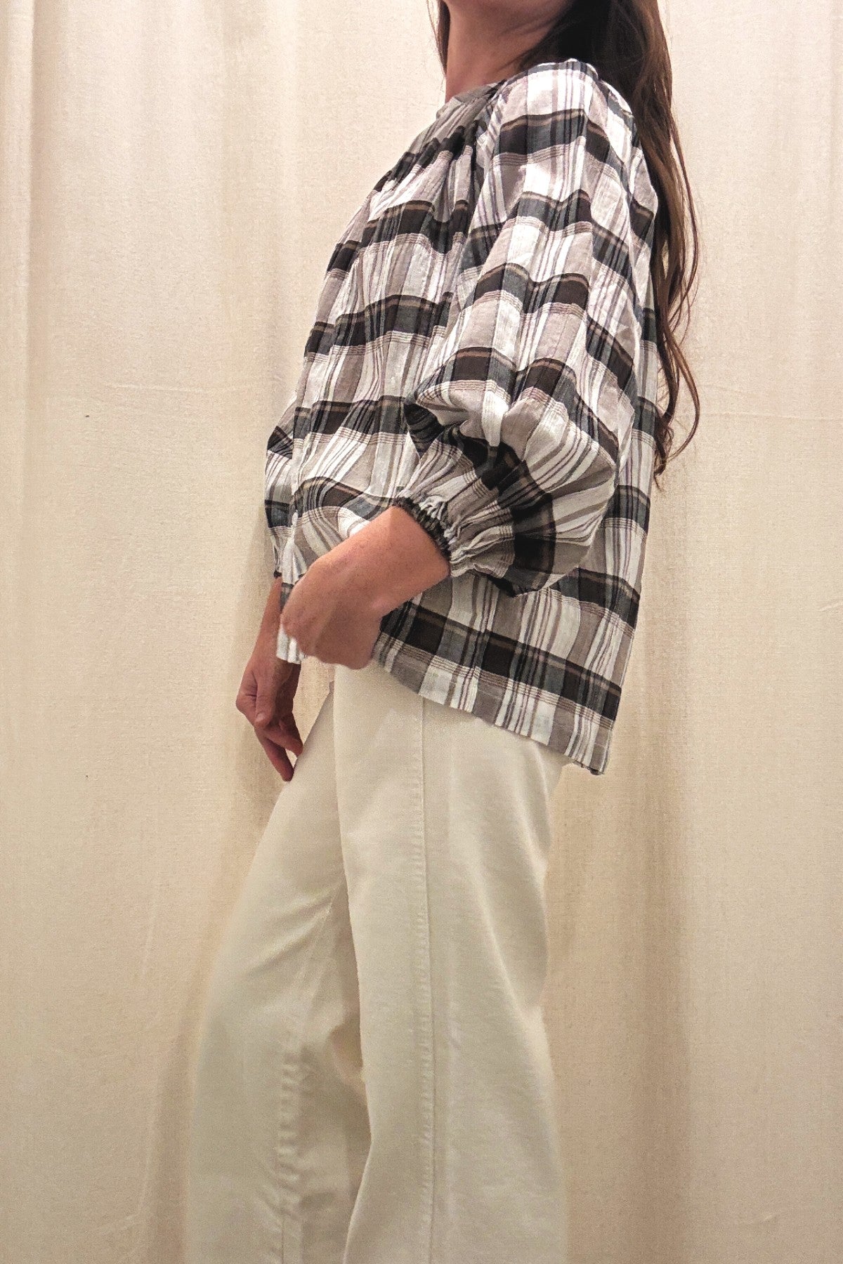 Windowpane Button Top | Black Gauze