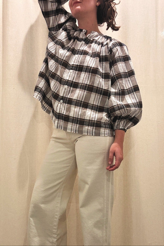 Windowpane Button Top | Black Gauze