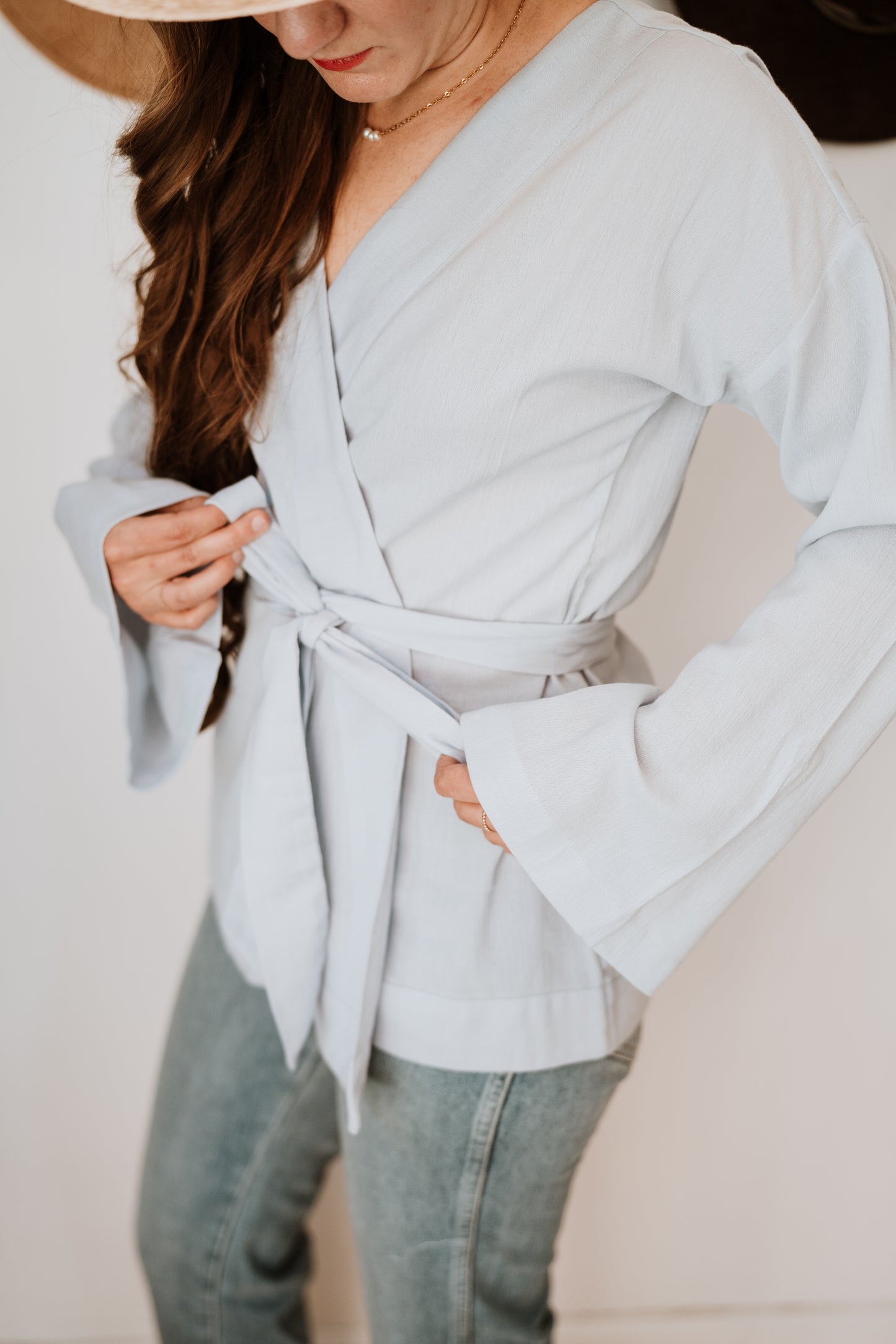 Long Sleeve Wrap Top | Baby Blue Gauze