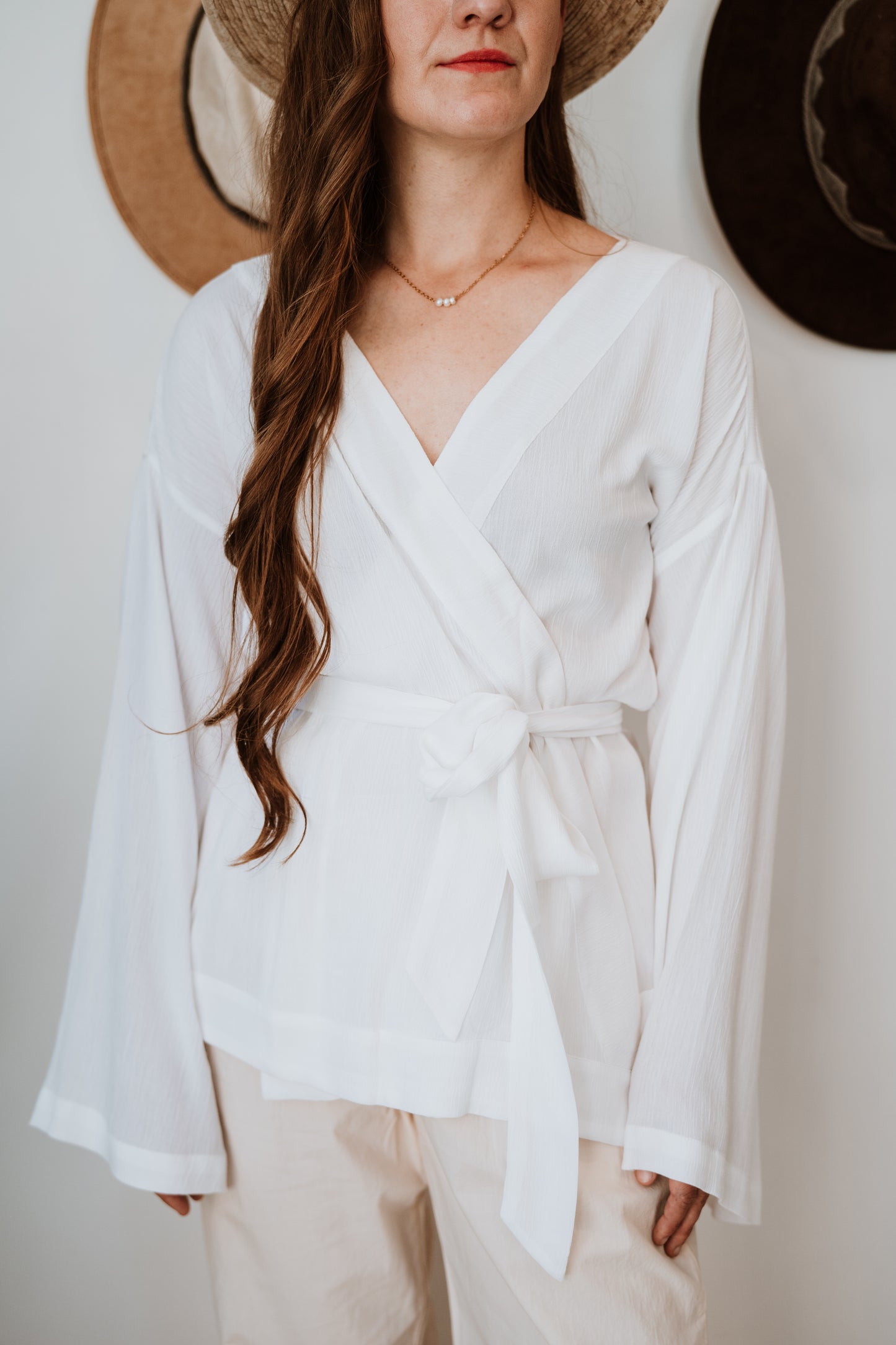 Long Sleeve Wrap Top | White Gauze