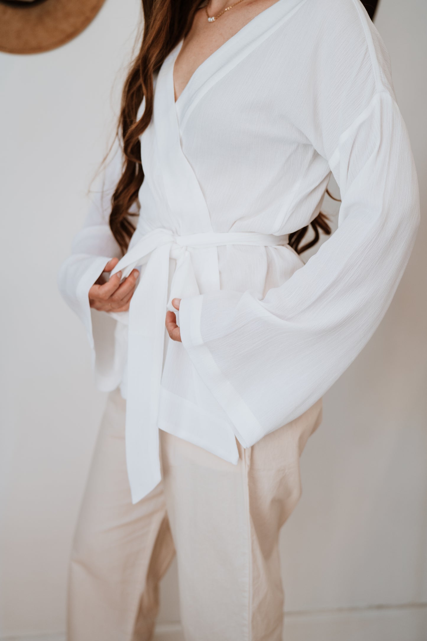 Long Sleeve Wrap Top | White Gauze