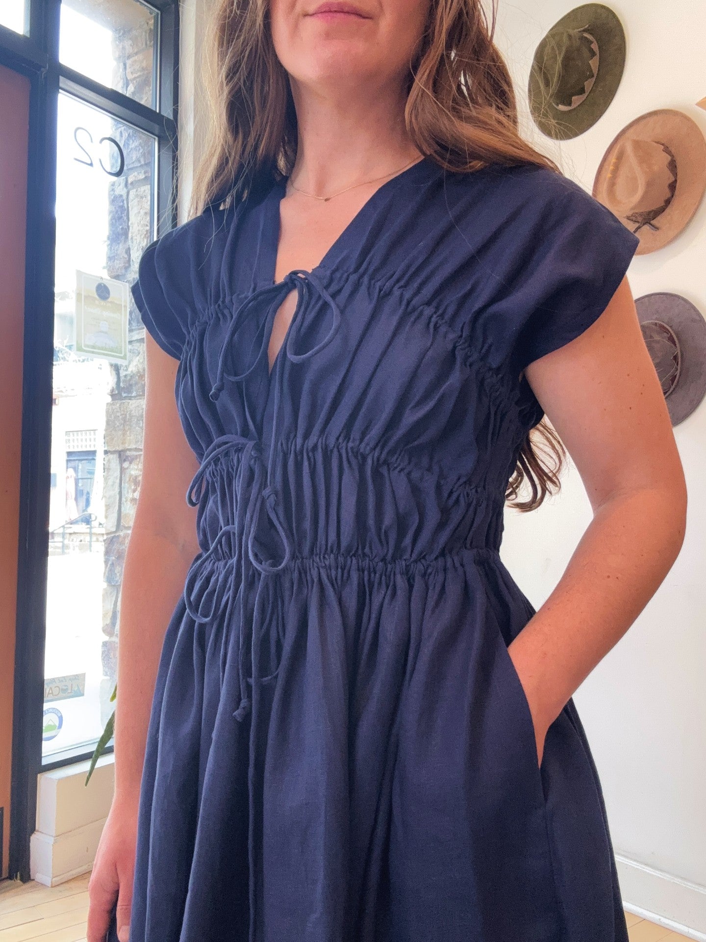 3-Tier Gathered Waist Dress | Navy Linen
