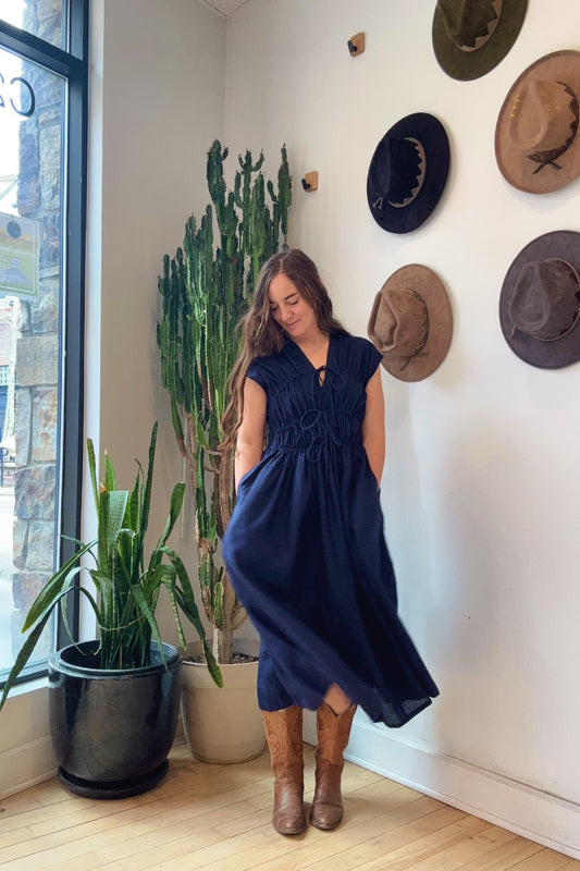 3-Tier Gathered Waist Dress | Navy Linen