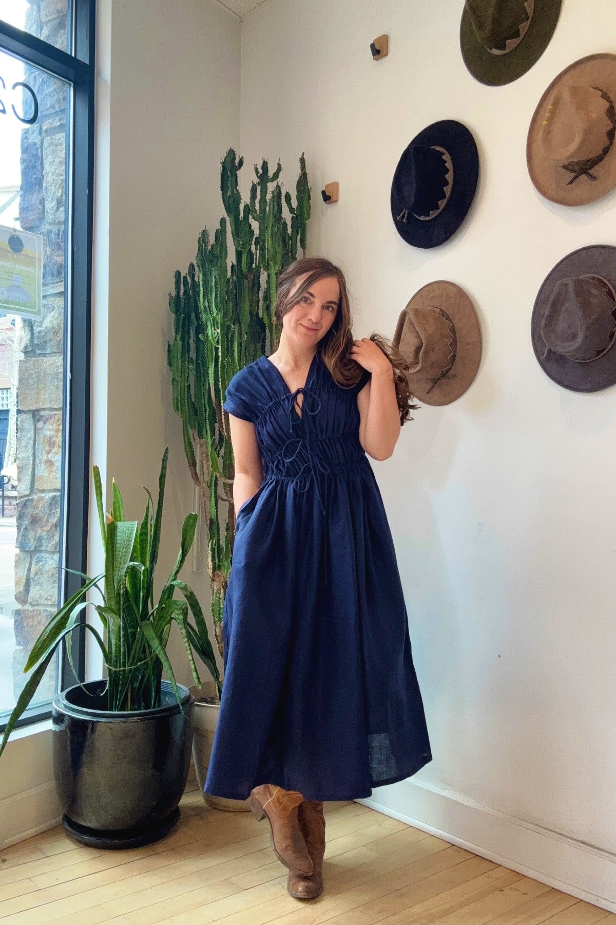 3-Tier Gathered Waist Dress | Navy Linen