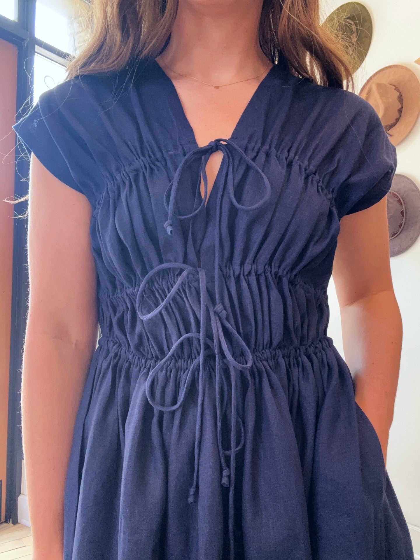 3-Tier Gathered Waist Dress | Navy Linen