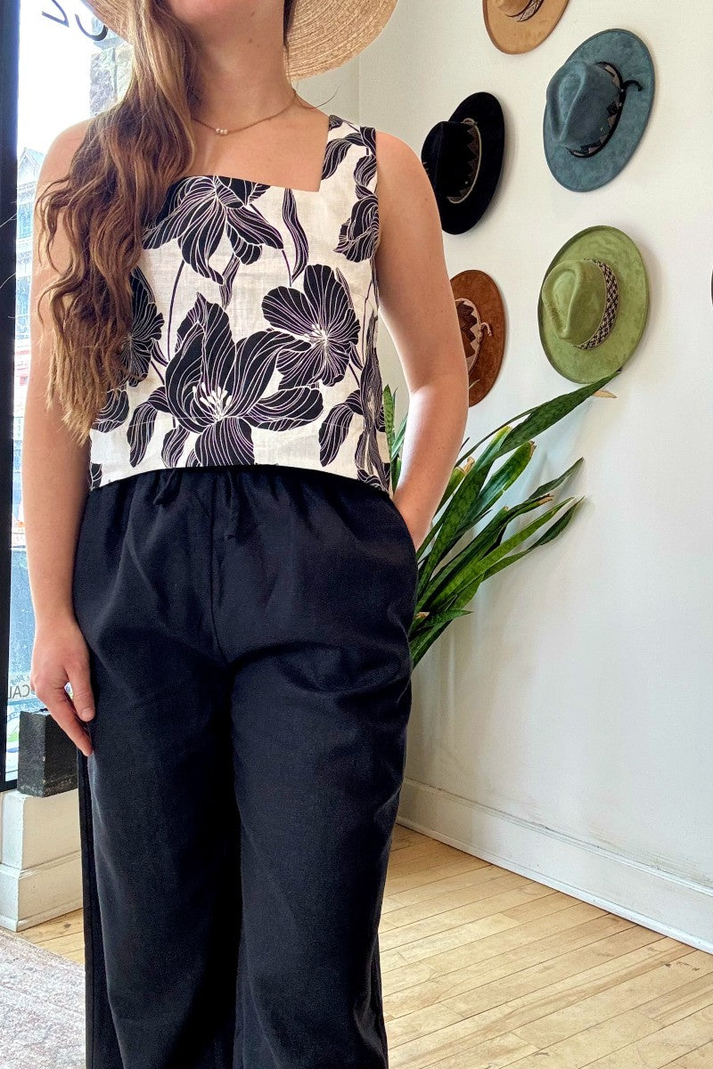 Image of NARY RESORT Square Neck Tank Top in Dead stock Black + White Large Print Floral Linen. Ethically made in Cambodia. 