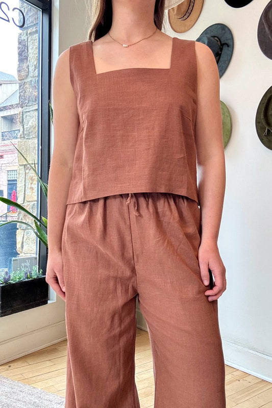 Image of NARY RESORT Square Neck Tank Top in Clay Deadstock linen. Ethically made in Cambodia.
