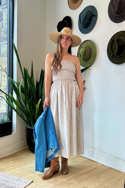 Image of NARY RESORT Shirred Tube Midi Sundress in Grey Stripe Deadstock linen. This midi length dress has a gathered, pintuck bodice, a-line skirt, and side pockets. Ethically made in Cambodia.