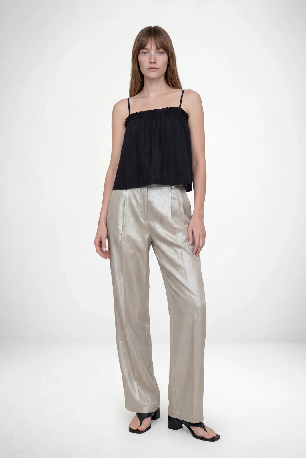 Pleated High Waist Trouser | Champagne Shimmer Twill