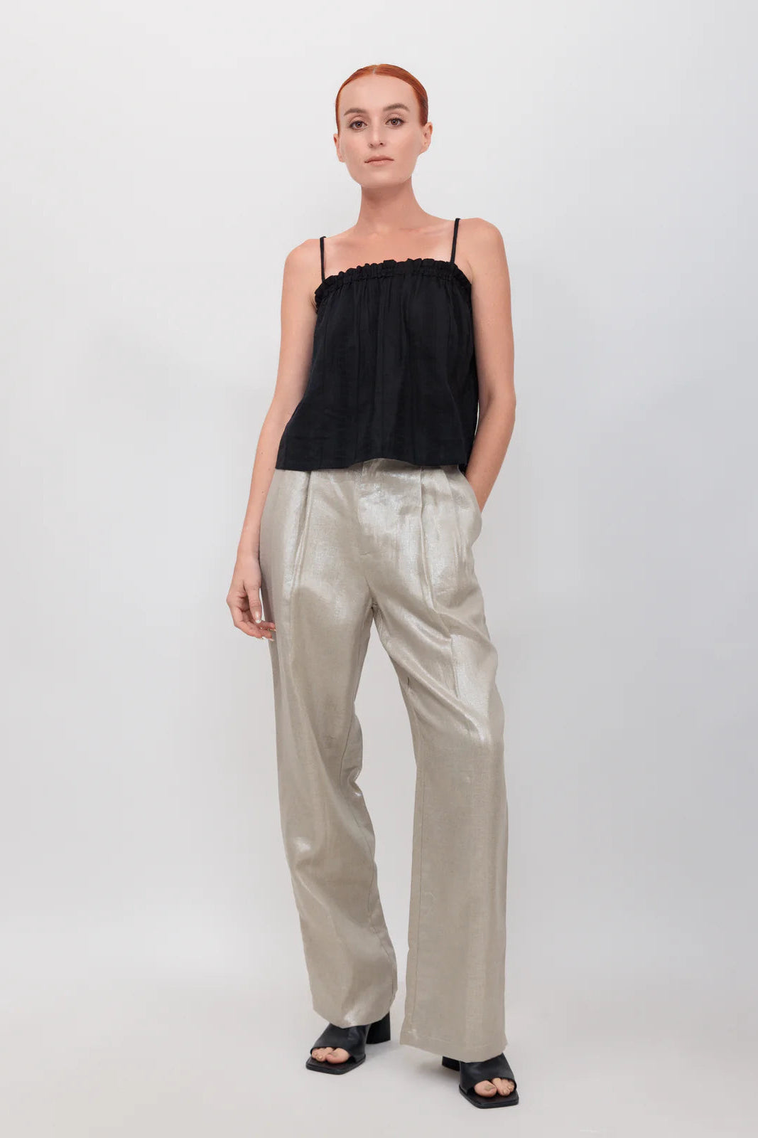 Pleated High Waist Trouser | Champagne Shimmer Twill