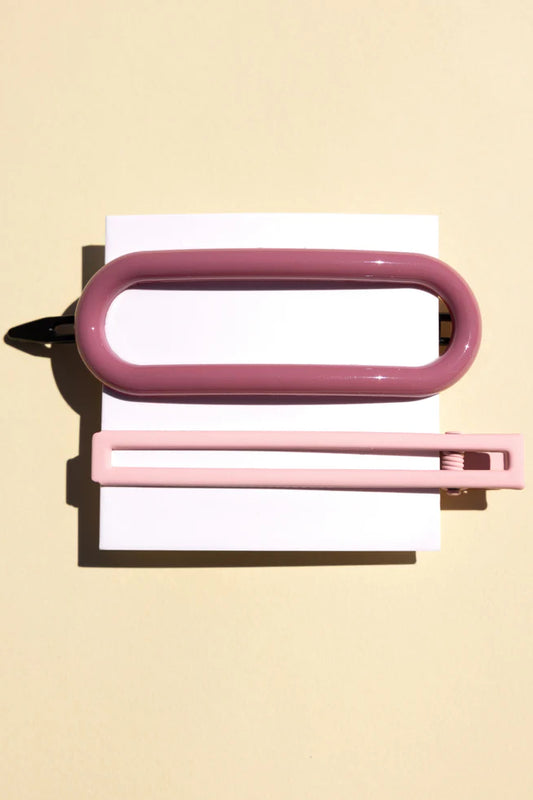 NAT & NOOR Ethically Made Sustainable Hair Accessories - Set of Two Ethically Made Byron Hairclips - Rose Pink Oval Clip and Baby Pink Rectangle Clip