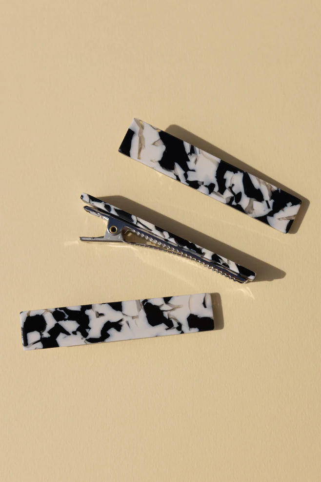 NAT & NOOR Ethically Made Sustainable Hair Accessories - Trio of Cellulose Acetate Barrettes in Black White Tortoise