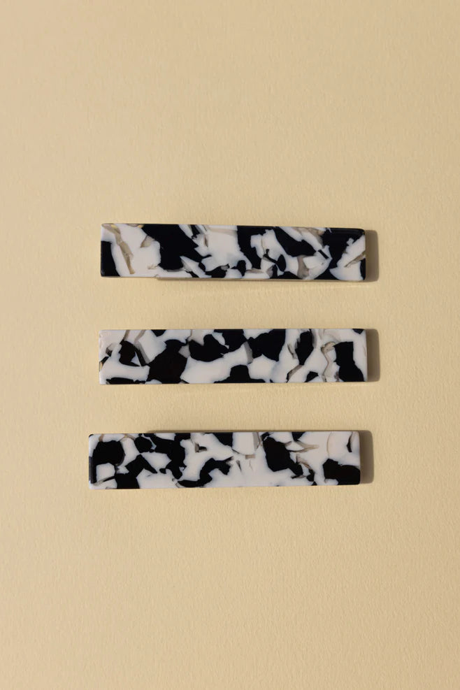 NAT & NOOR Ethically Made Sustainable Hair Accessories - Trio of Cellulose Acetate Barrettes in Black White Tortoise