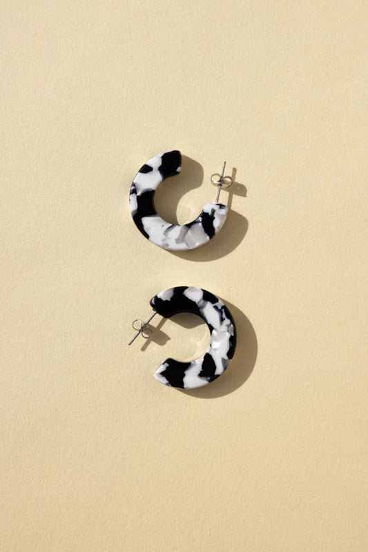 NAT AND NOOR _ Small Thick Acetate Hoop Earrings in Black and White Marbled Tortoise Color _ Eco-friendly Bioacetate