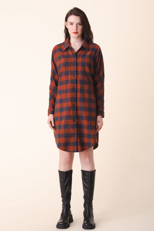 Image of model in Prairie Underground Organic Cotton Red and Navy Buffalo Plaid Shirt Dress - Ethically Made Fashion - Made in USA Women's Apparel