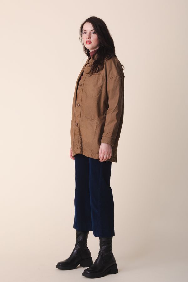 Image of model in Prairie Underground Organic Cotton Oversized Soft Blazer with Fleece Lining in Carpenter Tan with Knack Wide Leg Denim Pants - Ethically Made Fashion - Made in USA Women's Apparel