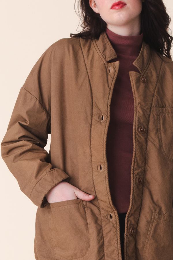 Image of model in Prairie Underground Organic Cotton Oversized Soft Blazer with Fleece Lining in Carpenter Tan - Ethically Made Fashion - Made in USA Women's Apparel