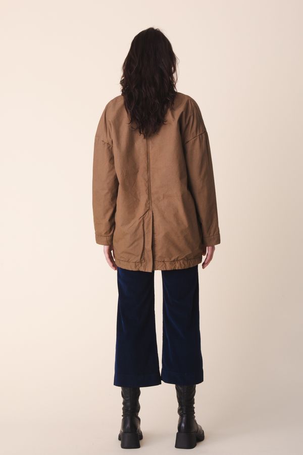 Image of model in Prairie Underground Organic Cotton Oversized Soft Blazer with Fleece Lining in Carpenter Tan with Knack Wide Leg Denim Pants - Ethically Made Fashion - Made in USA Women's Apparel