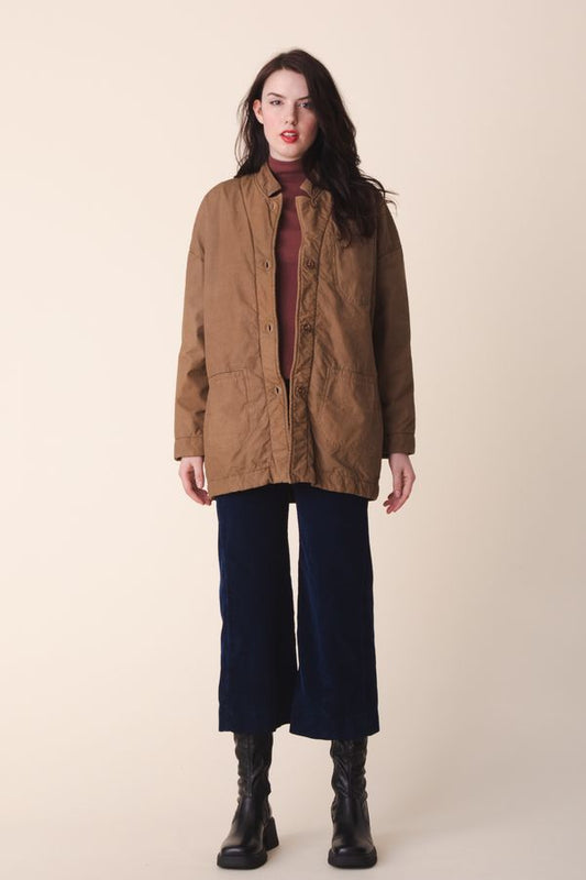 Image of model in Prairie Underground Organic Cotton Oversized Soft Blazer with Fleece Lining in Carpenter Tan with Knack Wide Leg Denim Pants - Ethically Made Fashion - Made in USA Women's Apparel