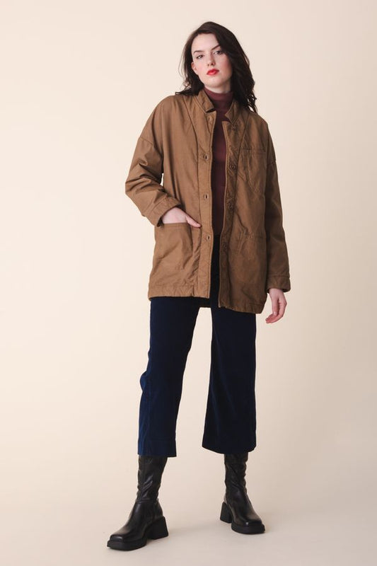 Image of model in Prairie Underground Organic Cotton Oversized Soft Blazer with Fleece Lining in Carpenter Tan with Knack Wide Leg Denim Pants - Ethically Made Fashion - Made in USA Women's Apparel