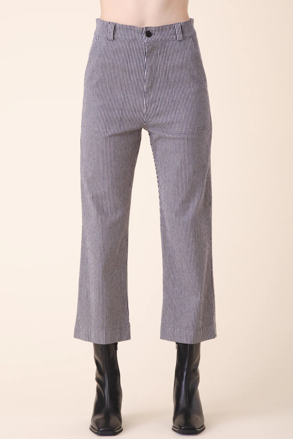 Image of model in Prairie Underground Oyster Grey and Black Striped Organic Cotton Smithy Utility Pants _ Ethical Small Batch Women's Fashion Brands _ Made in USA Women's Apparel