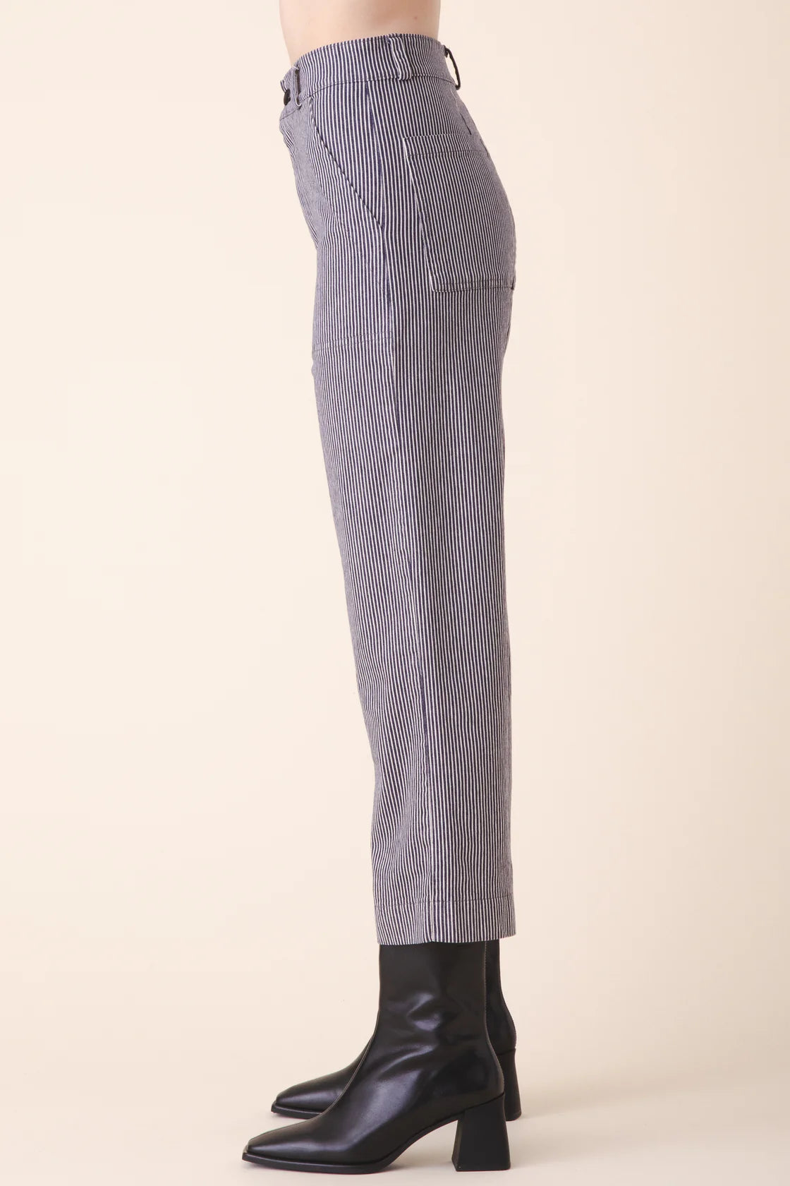 Image of model in Prairie Underground Oyster Grey and Black Striped Organic Cotton Smithy Utility Pants _ Ethical Small Batch Women's Fashion Brands _ Made in USA Women's Apparel