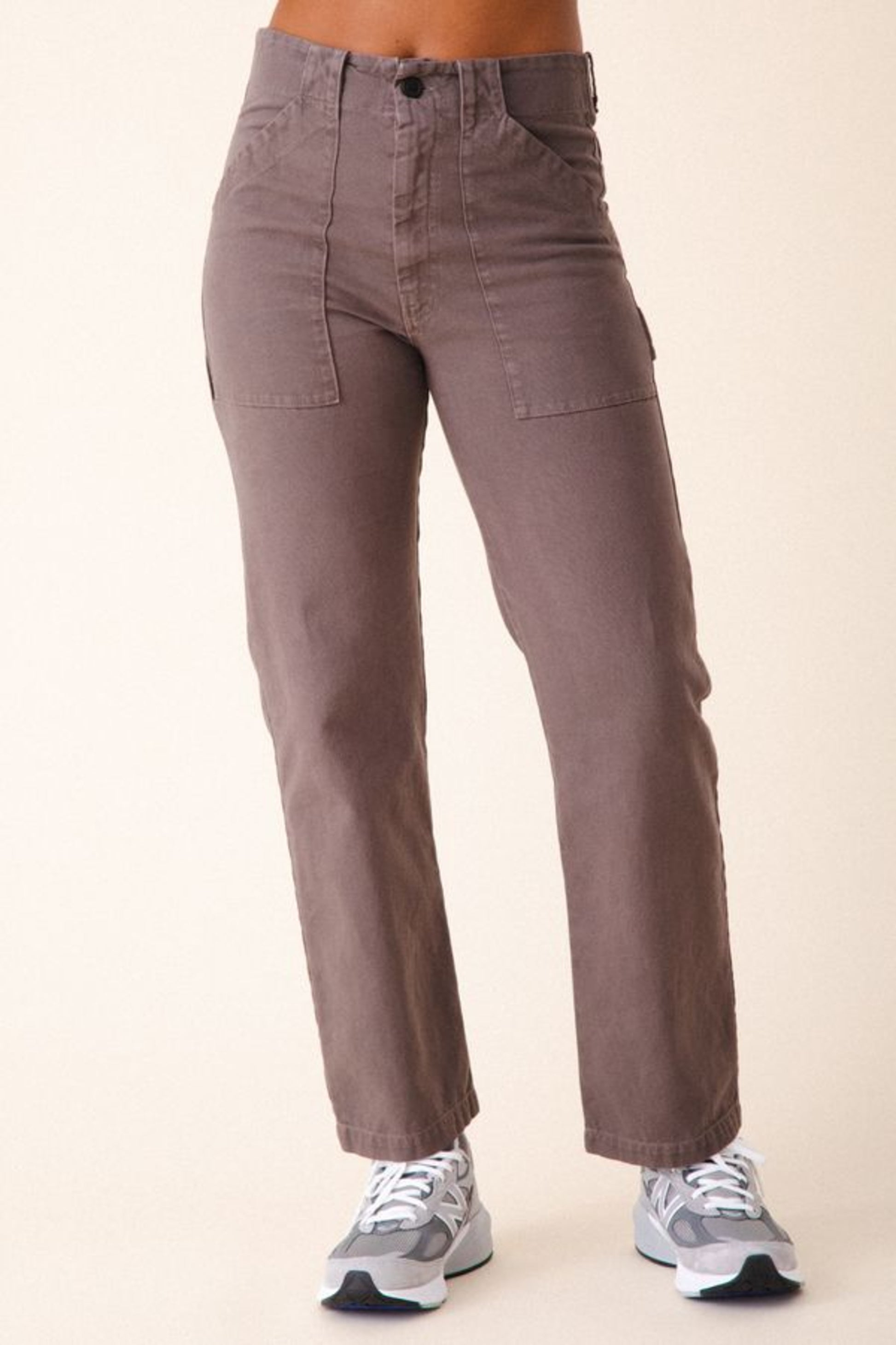 Image of model wearing Prairie Underground Utility Pant in Dior Grey Organic Cotton Canvas. Utility Pant is a work wear inspired style with a high rise and flattering fit. Designed and produced in Seattle, Washington, USA.