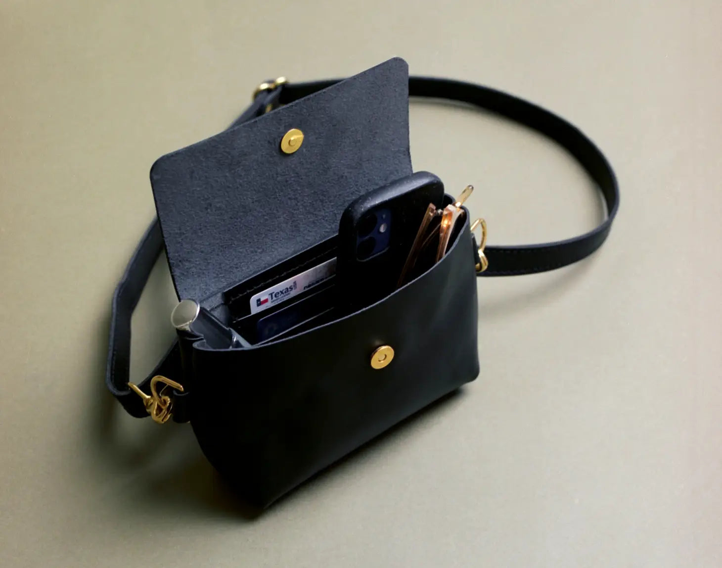 WEATHER & STORY - Black Vegetable Tanned Smooth Leather Sling Bag with Brass Hardware - Handmade in Austin, Texas, USA