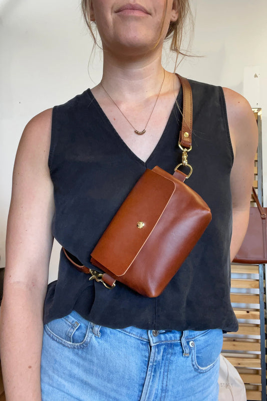 WEATHER & STORY - Cognac Brown Vegetable Tanned Smooth Leather Sling Bag with Brass Hardware - Handmade in Austin, Texas, USA
