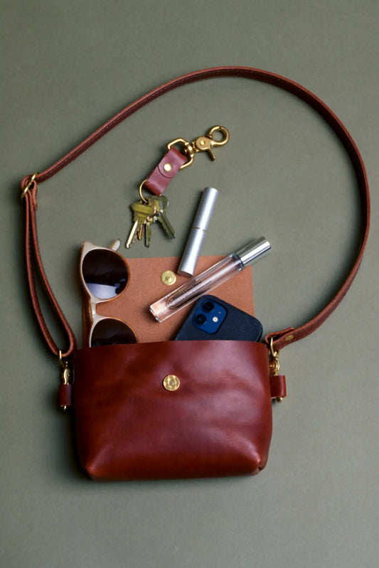 WEATHER & STORY - Cognac Brown Vegetable Tanned Smooth Leather Sling Bag with Brass Hardware - Handmade in Austin, Texas, USA