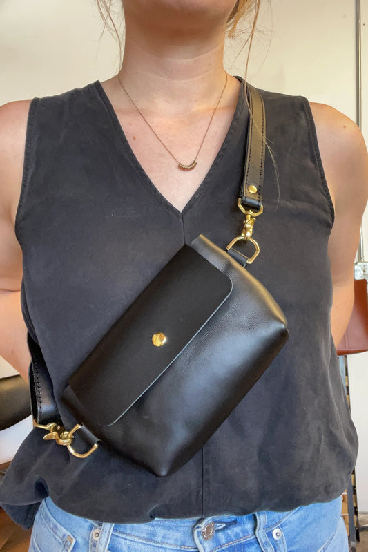 WEATHER & STORY - Black Vegetable Tanned Smooth Leather Sling Bag with Brass Hardware - Handmade in Austin, Texas, USA