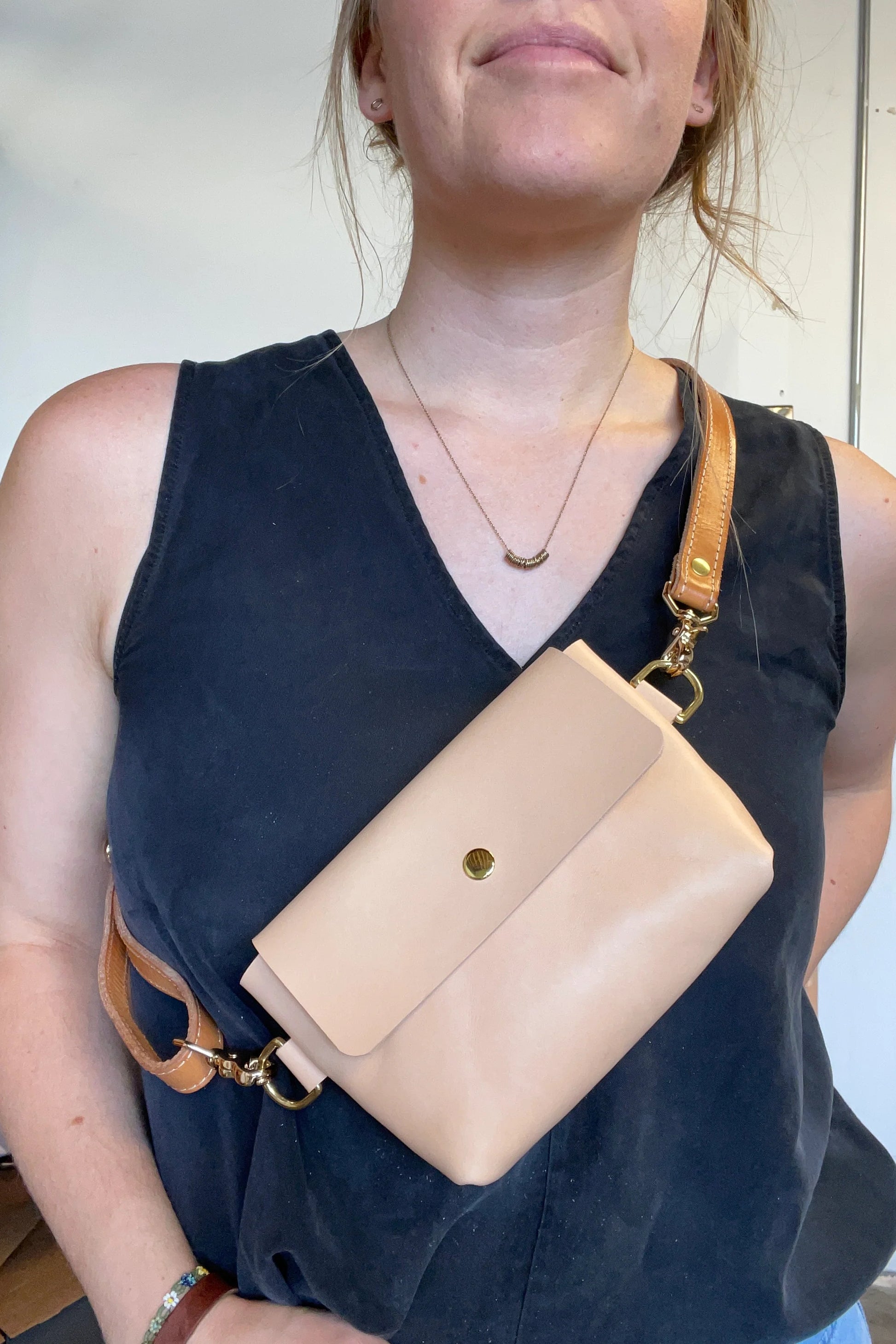 WEATHER & STORY - Natural Un-dyed Vegetable Tanned Smooth Leather Sling Bag with Brass Hardware - Handmade in Austin, Texas, USA