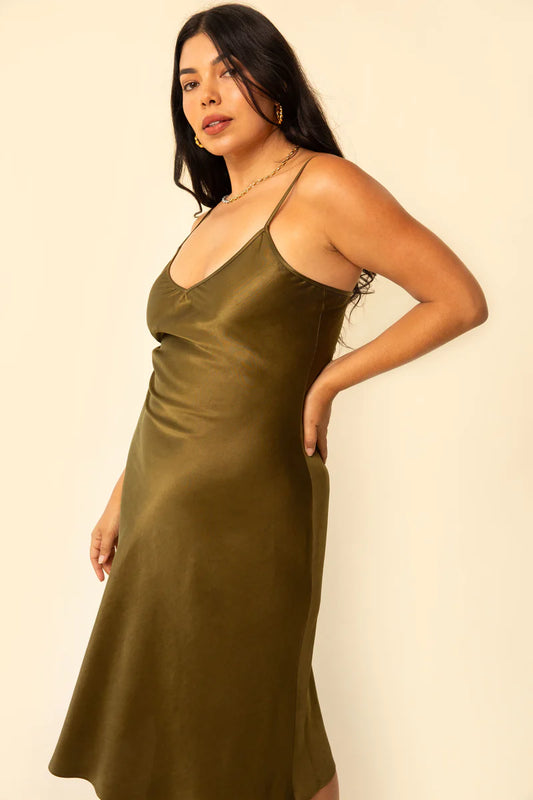 WHIMSY AND ROW _ MADE IN USA DRESSES _ Hunter Green Vegan Silk Eco-Friendly Midi Slip Dress _ Adjustable Spaghetti Straps _ V Neck Opening _ Made in USA