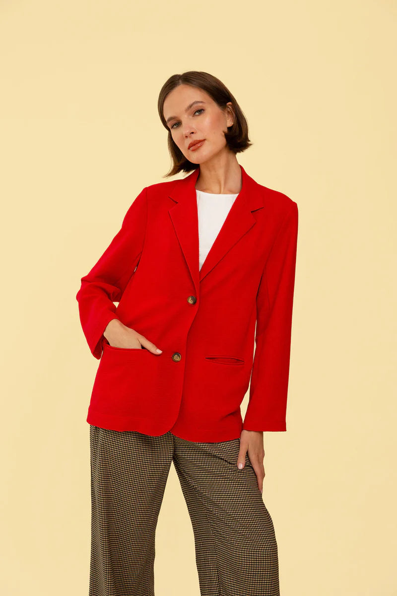 Image on model of Whimsy and Row Cherry Red TENCEL Parker Blazer styled over Black jumpsuit _ Ethical Women's Fashion _ Made in Los Angels USA Women's Apparel