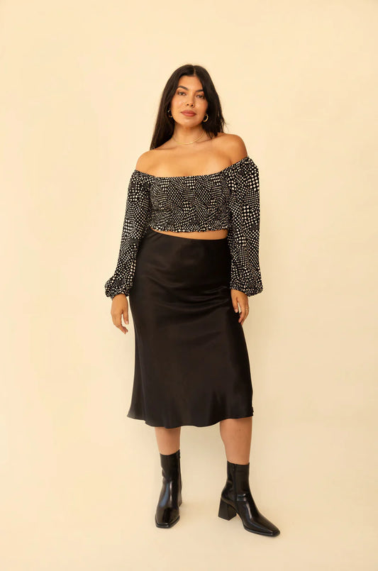 WHIMSY AND ROW Holiday Styles _ Donna Pull On Midi Slip Skirt _Vegan Silk Satin_Black_Made in USA