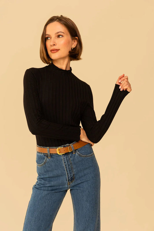 Image of model in Whimsy Row Black Eco-Rib Gigi Mockneck Top _ Eco-Friendly Women's Fashion Brands _ Made in Los Angeles USA Women's Apparel