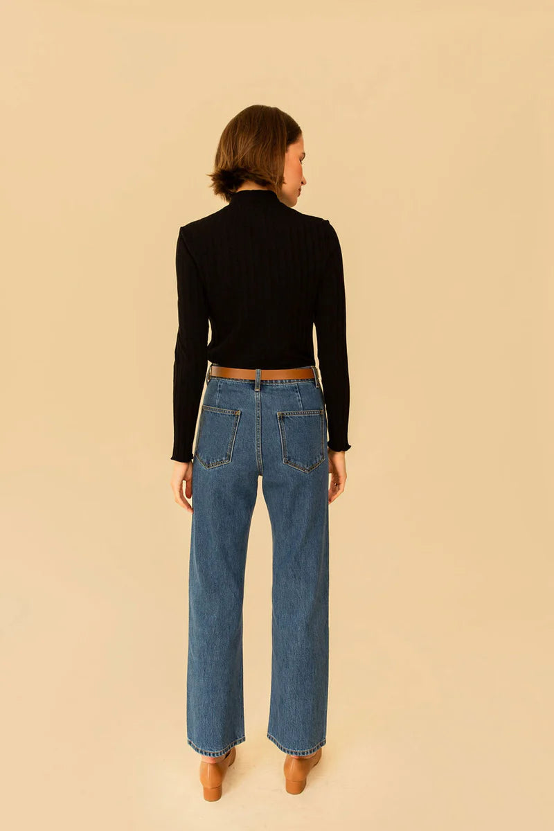 Image of model in Whimsy Row Black Eco-Rib Gigi Mockneck Top _ Eco-Friendly Women's Fashion Brands _ Made in Los Angeles USA Women's Apparel