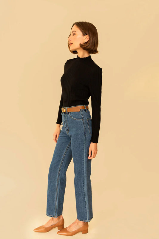 Image of model in Whimsy Row Black Eco-Rib Gigi Mockneck Top _ Eco-Friendly Women's Fashion Brands _ Made in Los Angeles USA Women's Apparel