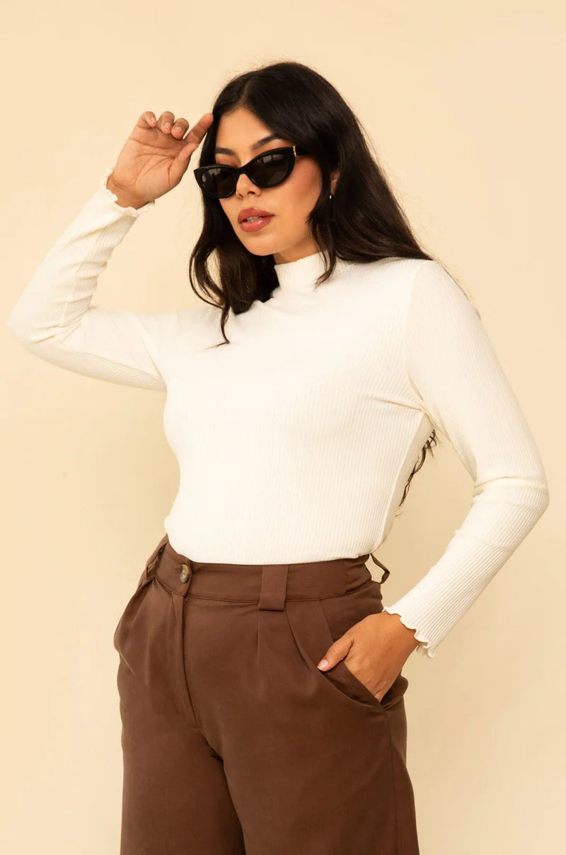 WHIMSY AND ROW Made in LA Sustainable Clothing - Gigi Fitted Mock neck Rib Top in Cream