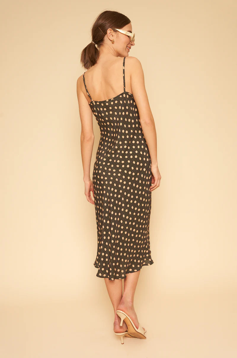 WHIMSY AND ROW SUSTAINABLE DRESSES - Classic Midi Length Black Slip Dress with Adjustable Spaghetti Straps and Neutral Polka Dot Pattern